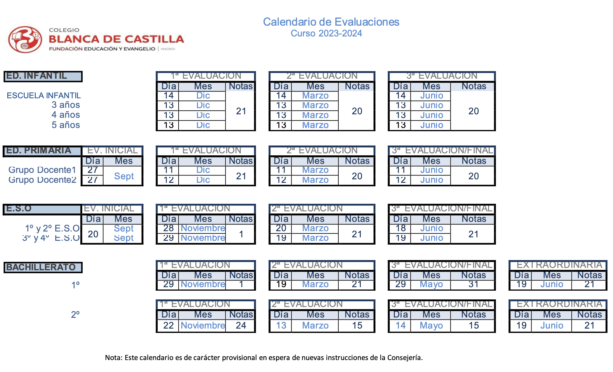 Cbc - Calendario Evaluaciones Curso 2023-24